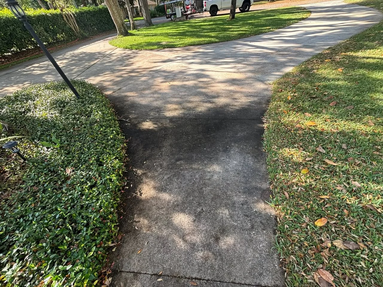 Driveway and walkway before cleaning with dark surface buildup